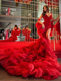 Bonnyshow Amazing Red Split Asymmetrical Velvet Long Evening Dresses With Big Volume Tulle Jacekt 2 Pieces Formal Party Dress Maxi Gowns