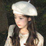 Bonnyshow Winter Plush Beret Hat for Women Faux Rabbit Fur Warm Newsboy Cap Soft Solid Color Thicken Artist Painter Caps