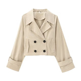Bonnyshow Casual Loose Turndown Collar Women's Jacket Solid Color Double Breasted  Short Jackets Simple Fashion Vintage Autumn Women Coat