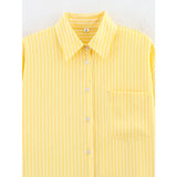 Bonnyshow  Women Oversize Yellow Striped Shirt Front Patch Pocket Long Sleeve Lapel Collar Streetwear Blouse Loose Lady Shirts