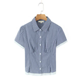 Bonnyshow  Sweet Girl Plaid Shirt Blouse Short Sleeve Lapel Collar Slim Lady Summer Tops