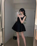 Bonnyshow  Summer French Premium Bow Suspender Birthday Party Dresses Black Sweet High Waist Slim Fit Sleeveless Pleated Short Dress