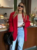 Bonnyshow Women's Red Suit Temperament Shoulder Pads Loose Casual Coat Collar Pocket Cardigan Fashion Office Ladies Suit Jacket