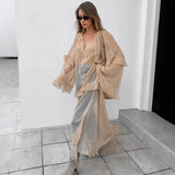 Bonnyshow Khaki Casual Loose Maxi Dress for Women Sexy See Through Bikini Cover Up Fashion Ruffle Long Sleeve Club Party Outfits