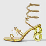 Bonnyshow  New Summer Golden Crystal Fretwork High Heels Women Sandals Sexy Square Toe Butterfly-knot Ankle Strap Ladies Shoes