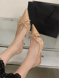Bonnyshow  High Quality Design Butterfly-knot Women Pumps Pointed Toe Thin Low Heels Wedding Party Mule Shoes