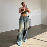 Bonnyshow Striped Tassel Washed Denim Wide Leg Pants Women Fashion High Waist Button Fly Loose Casual Jeans Trousers Streetwear Bottoms