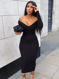 Bonnyshow  Spring Knitted Dress Women V-Neck Long Sleeve Bodycon Sweater Dresses Basic Elastic Casual Skinny Vestidos Black