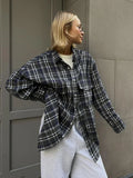 Bonnyshow Vintage Loose Plaid Women Shirt Fashion Lapel Long Sleeve Office Lady Shirts And Blouses Tops Female Clothing