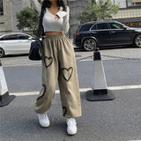 Bonnyshow Korean Oversize Pants Heart Printing Pants Casual Loose High Waist Hallen Pants Streetwear Hip Hop Straight Trousers  Joggers