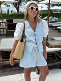 Bonnyshow  Striped Shorts Set Women Two Pieces Set Patchwork Lace Up Shirt Woman High Waist Loose Shorts Suit Female Casual Matching Set