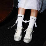 Bonnyshow Funny Couple Socks Cute Cartoon Eye Magnetic Suction Holding Middle Tube Socks Women Men Solid Color Cotton Socks