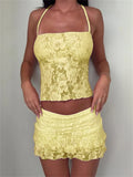 Bonnyshow  Lace Sheer A-Line Ruffle Mini Skirt Set For Women Halter Tie Backless Tank Top Short Skirt Sexy Vacation Two-Piece Outfit