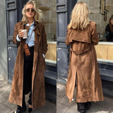 Bonnyshow Vintage Suede Long Women's Jacket Casual Lapel Single Breasted Lace up Coats Jackets Autumn Fashion Women Coat Retro Outerwear