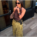 Bonnyshow  Ruffled Midi Skirt Womens Vintage Flounce Skirt Woman New Fashion Elegant Solid Long Skirts autumn Evening Party Skirts