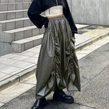 Bonnyshow Gray Shirring Maxi Skirts for Women Fashion High Waist Irregular A-line Skirt Autumn Winter Vintage Ruffle Y2K Skirt