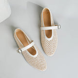 Bonnyshow  Hollow Out Weave Mary Janes Shoes Women Pu Leather Breathable Summer Flats Shoes Ladies Pointed Toe Elegant White Loafers New