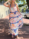 Bonnyshow  Women s Sleeveless Maxi Dress with V-Neckline and Ruffle Detailing Elegant Floral Print Summer Beach Dress