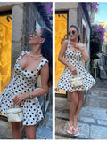 Bonnyshow  Elegant Women Polka Dot Short Dress Sleeveless Sweetheart Neck Pleated Hem A-line Dresses Summer Lady Chic Party Vestidos