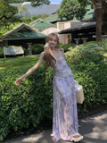 Bonnyshow  Floral backless dress for summer vacation women mesh long dress A-line Dress