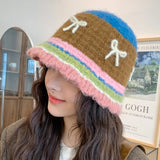 Bonnyshow Bowknot striped Crochet Korean Handmade Bucket Hat Women Autumn Winter Weaving Knitted Cap Y2k Fashion Woolen Beanies Basin Caps