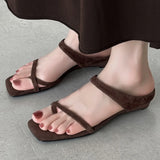 Bonnyshow  Women's natural suede leather narrow band slip-on summer 2.5cm kitten heel slides sandals elegant ladies slim dress shoes woman