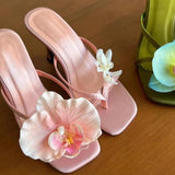 Bonnyshow  Flowers Decor Women's Flip Flops Summer Elegant Party Wedding Thin Heels Sandals Casual Streewear Satin Ladies Shoes New 2025