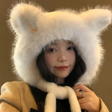 Bonnyshow Cute Plush Winter Hat for Women Cartoon Warm Female Ear Protection Cap Korean Solid Color Thicken Faux Fur Girl Ski Bonnet