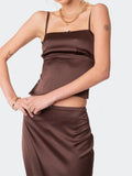 Bonnyshow  Satin 2 Piece Set Women Suits Retro Sleeveless Strap Backless Tie-up Camis Tank Low Waist Back Split Long Skirts