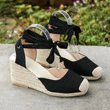 Bonnyshow  Large size women's shoes, 2025 summer new solid color wedge sandals, French ankle strap sandals for women