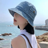 Bonnyshow Korean Denim Bucket Hat for Women Vintage Solid Color Fisherman Cap Summer Outdoor Travel Girls Panama Sun Hats