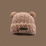 Bonnyshow Cute Bear Plush Beanie Cap Women Winter Warm Thicken Faux Fur Hat Korean Solid Color Cartoon Ears Female Skullcap Bonnet