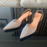 Bonnyshow  Fashion Summer Women High Heels Pearl Decoration Slingback Woman Pumps Pointed Toe High Heels Sandals Elegant Woman Shoes