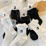 Bonnyshow Lolita Bow Lace Socks for Girls Japanese Black White Ruffle JK Sock Women Summer Soft Cotton Thin Middle Tube Socks
