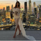 Bonnyshow  Sexy See Through Lace Women Dress Party Long Flare Sleeve Slash Neck Split Female Dresses 2025 Spring Summer Club Lady Robe