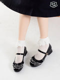 Bonnyshow  Lolita Style Lace Bow Mid-heel Leather Shoes Sweet and Cute Fashion Spring Autumn Elegant Mary Jane Low Heel Pumps Femme
