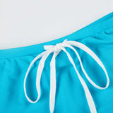 Bonnyshow  Sexy Solid Beach Halter Neck Suit Bodycon Vintage Harajuku Blue Drawstring Elastic Set Slim Vacation Bikini Set