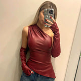 Bonnyshow Women Y2K PU Leather Asymmetrical T-shirts with Sleeves Gloves Fashion Sexy One Shoulder Sleeveless Slim Tops Clubwear Tees