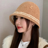 Bonnyshow Winter Lamb Fleece Bucket Hat Women Solid Color Letter Fisherman Cap Korean Wide-brim Windproof Dome Plush Hats