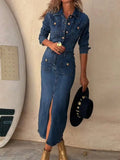 Bonnyshow  Women Autumn Turn-Down Collar Chic Maxi Long Sleeve Denim Style Fashion Party Dress, 2025 Button Patchwork Ladies Dress