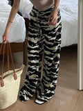 Bonnyshow Zebra Stripe Knitted Straight Pants Women Drawstring Elastic Waist Casual Loose Baggy Trousers Boho Vacation Outfits