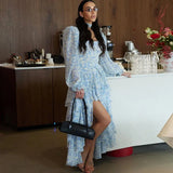 Bonnyshow  Floral Ruffled Hem Mini Dress Lace Up Skirt Sets 2 Pieces Puff Sleeve Square Collar Print Robe Irregular Multi-layer Skirts Suit