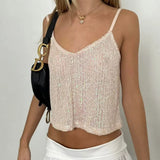 Bonnyshow  Women Sequin Cami Tops Sparkly V Neck Spaghetti Strap Backless Shirts Trendy Summer Clothes for Party Clubwear