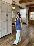 Bonnyshow  French Blue Floral Neck Sling Women'S Fashion Backless V-Neck Vacation Leisure Mid Length Hanging Neck Dress New