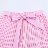 Bonnyshow  Women's Versatile Collar Striped Shirt with Belt Casual Pants Spring New Style Three Piece Set