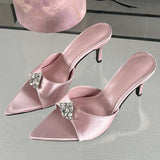 Bonnyshow  Summer CRYSTAL Diamond Women Slippers Fashion Pointed Toe Ladies Shoes Thin Heels Banquet Slides Sandals