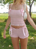 Bonnyshow  Simple Fashion Solid Ruched Women Sweet 2 Piece Set Summer Causal Bow Design Trendy Suit