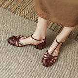 Bonnyshow  Shoes Female Sandal 2025 Women's Girls Beige New Summer Comfort Low Retro Flat Back Strap Square Heel Rubber PU Scandals Solid