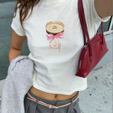 Bonnyshow  Vintage Punk Cat Graphic Print Casual Streetwear Short Sleeve T-shirt 2000s Y2k Style Harajuku Aesthetics Emo Girl Y2k Crop Top