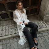 Bonnyshow new autumn and winter women's French fashion pure lust sexy see-through lace loose dress